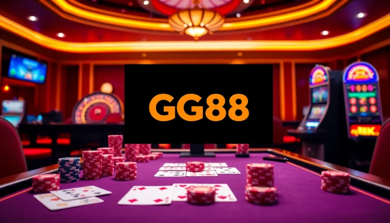 Betting on GG88 with cards and chips at a vibrant casino table.