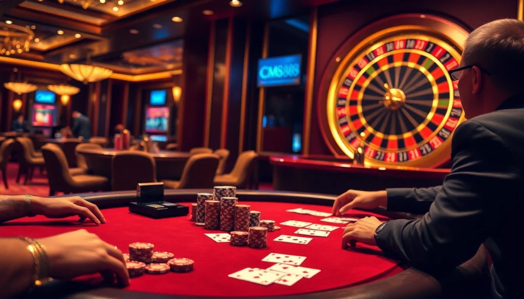 Experience CM88 with thrilling poker action at a luxurious casino table full of chips.
