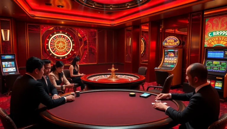 Engaged players enjoying RR99's interactive casino experience with poker table and roulette wheel.