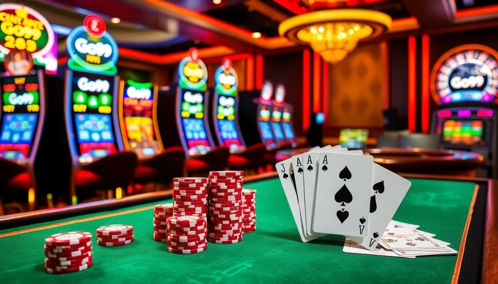 Experience high-stakes excitement at Go99 with vibrant poker chips and slot machines in a luxurious casino.