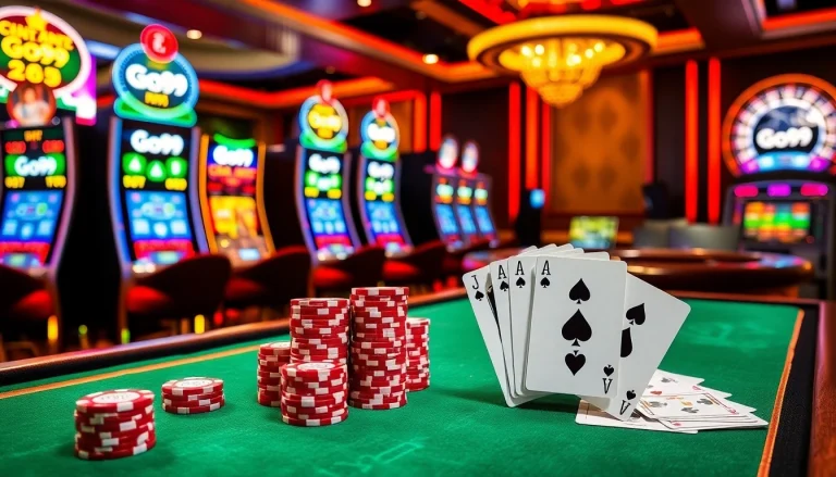 Experience high-stakes excitement at Go99 with vibrant poker chips and slot machines in a luxurious casino.