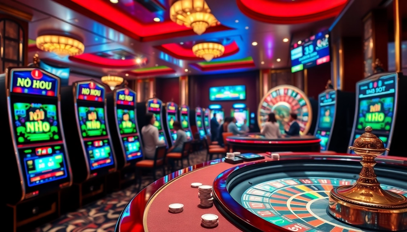 Players enjoying nổ hũ slots in a vibrant casino atmosphere filled with excitement and luxury.