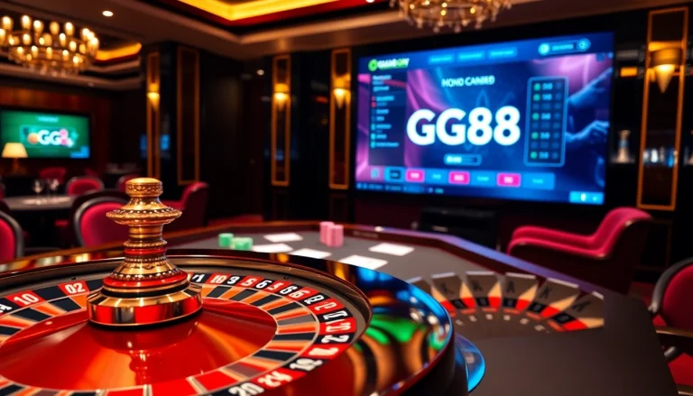 Experience the excitement of gambling at https://gg88.ltd/ with a vibrant casino scene featuring a spinning roulette wheel and poker chips.