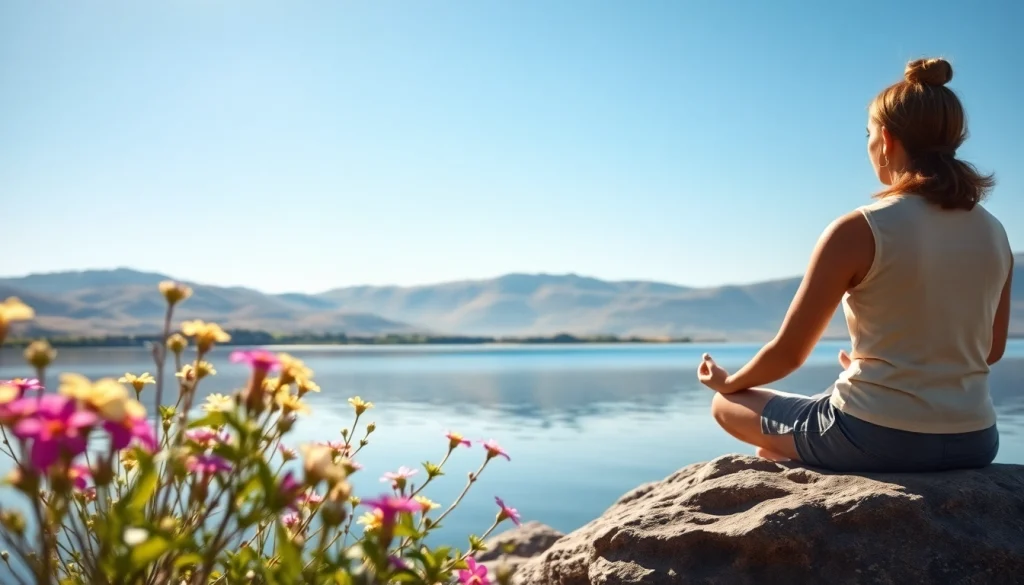 Meditating by a tranquil lake, highlighting the essence of emotional wellbeing through nature's serenity.