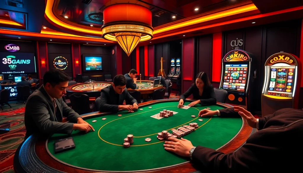 Players engage in high-stakes poker at a luxurious CM88-themed casino table, radiating excitement.
