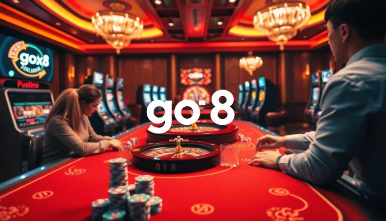 Experience thrilling gameplay at the go8 online casino with poker chips and a roulette wheel.