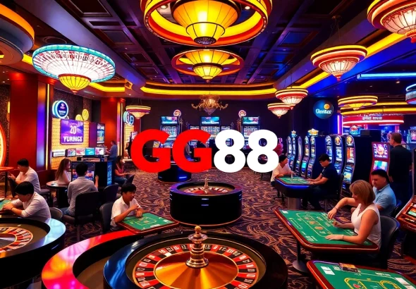 GG88 casino logo displayed in a vibrant gaming scene filled with excitement and joy.