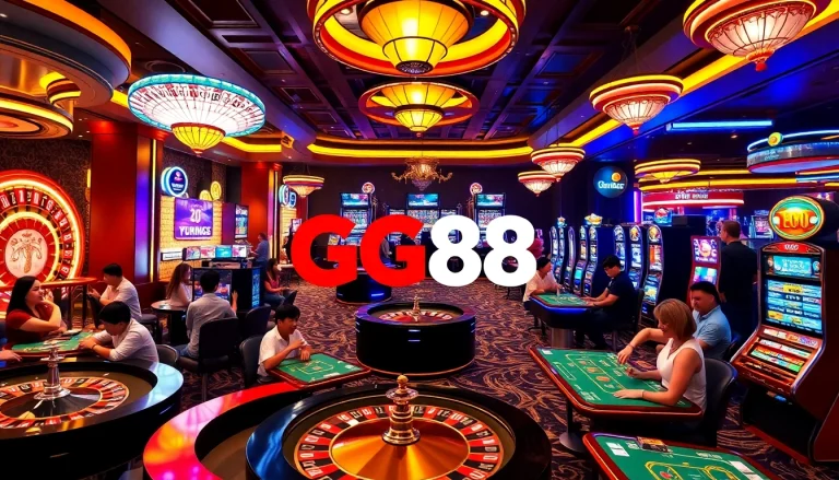 GG88 casino logo displayed in a vibrant gaming scene filled with excitement and joy.