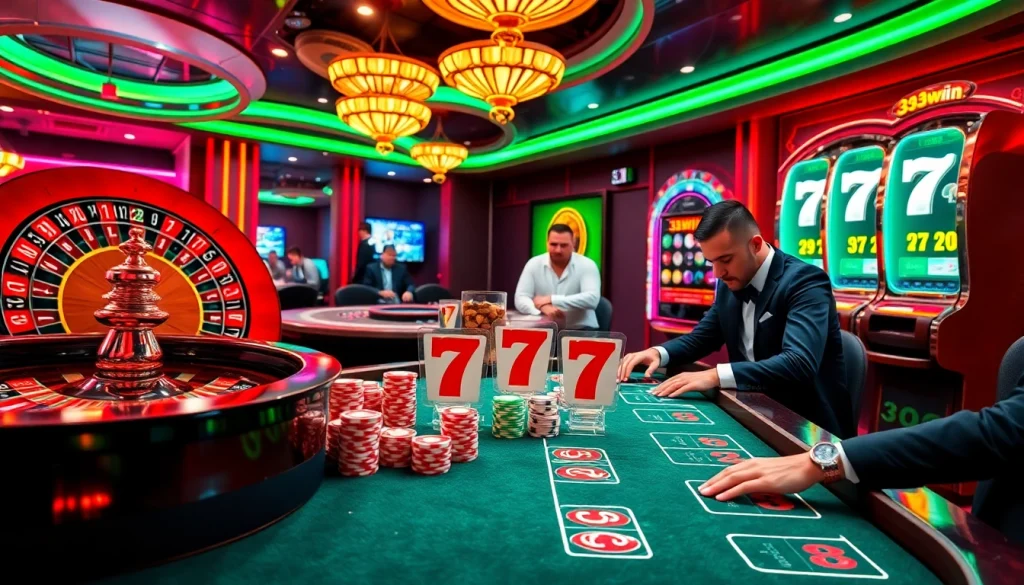 33win casino scene with roulette wheel, blackjack table, and vibrant casino atmosphere.