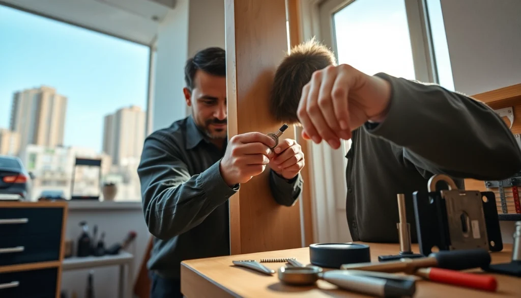 Schlüsselnotdienst Berlin: Professioneller Schlosser repariert ein Türschloss in Berlin.