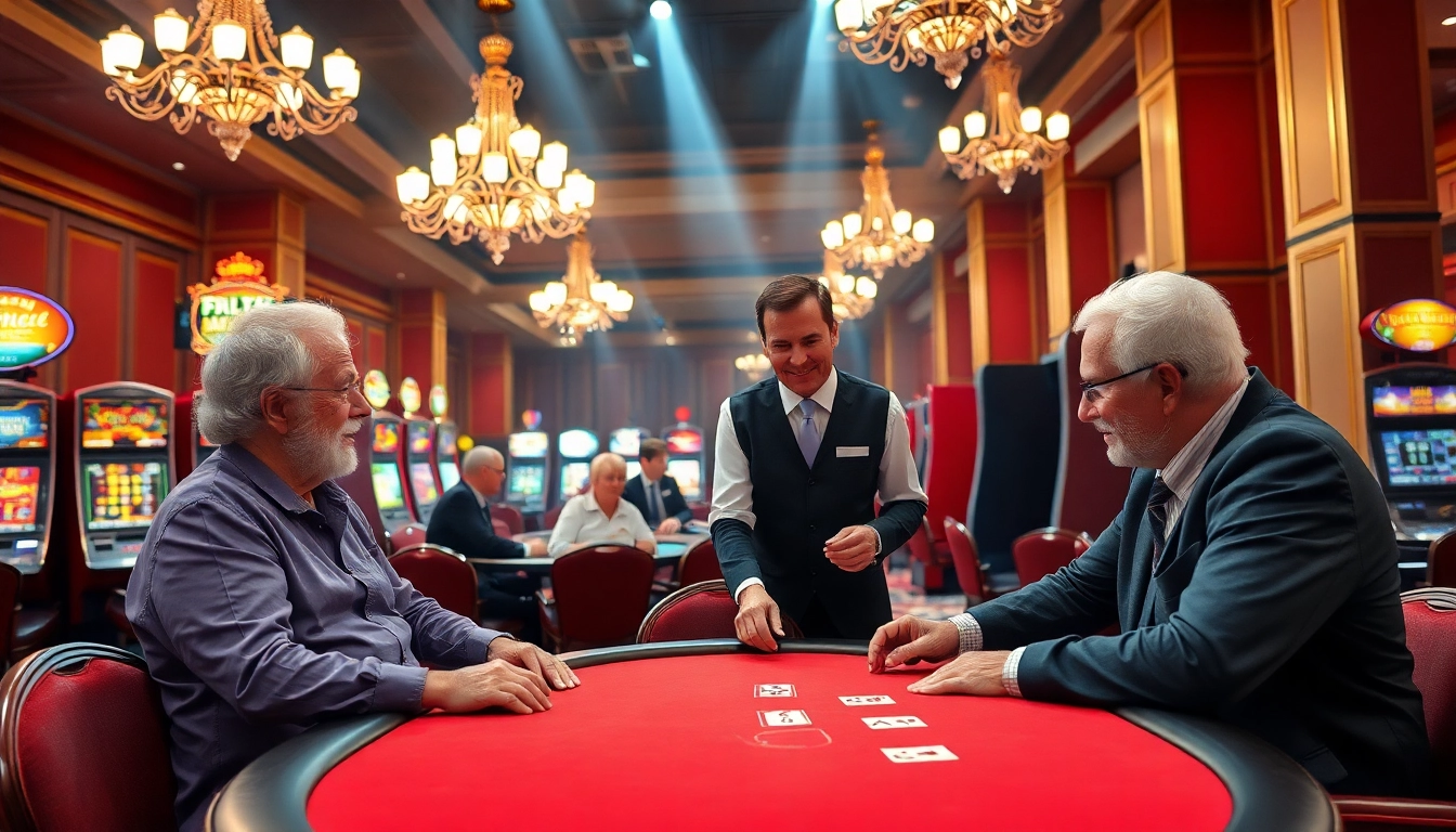 Pflegedienst staff engaging friendly with clients in a vibrant casino environment.