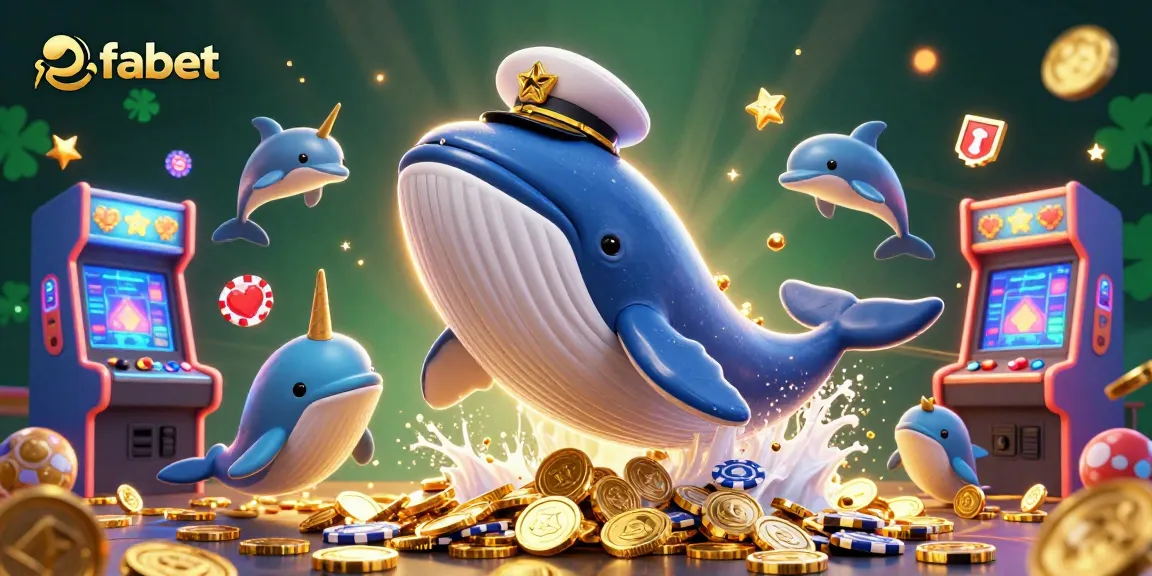 Join the fun at fabet with a vibrant 3D casino scene featuring playful dolphins, a whale captain, and golden coins.