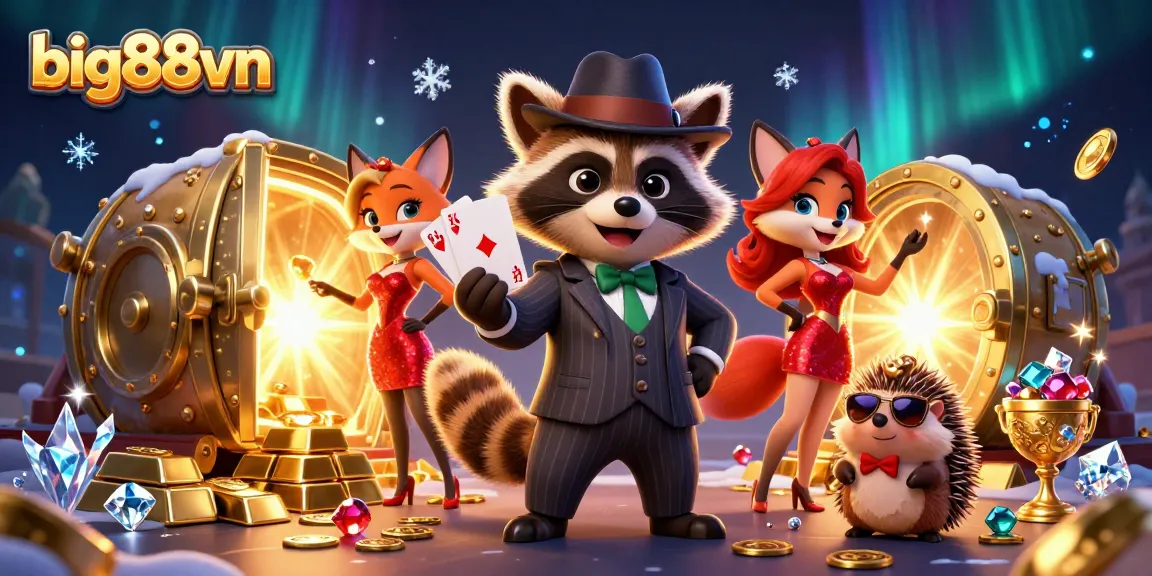 Capture the excitement at big88vn with a suave raccoon, charming fox, and hedgehog bouncer surrounded by dazzling casino treasures.
