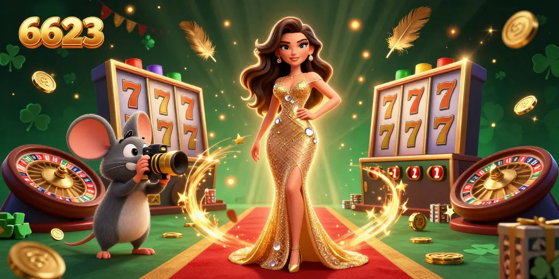 Experience the thrill of gambling at 6623 with dynamic visuals featuring slot reels and casino elements.