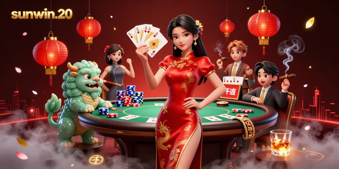 Engage in vibrant gaming at sunwin.20 with an elegant woman in qipao and poker elements.