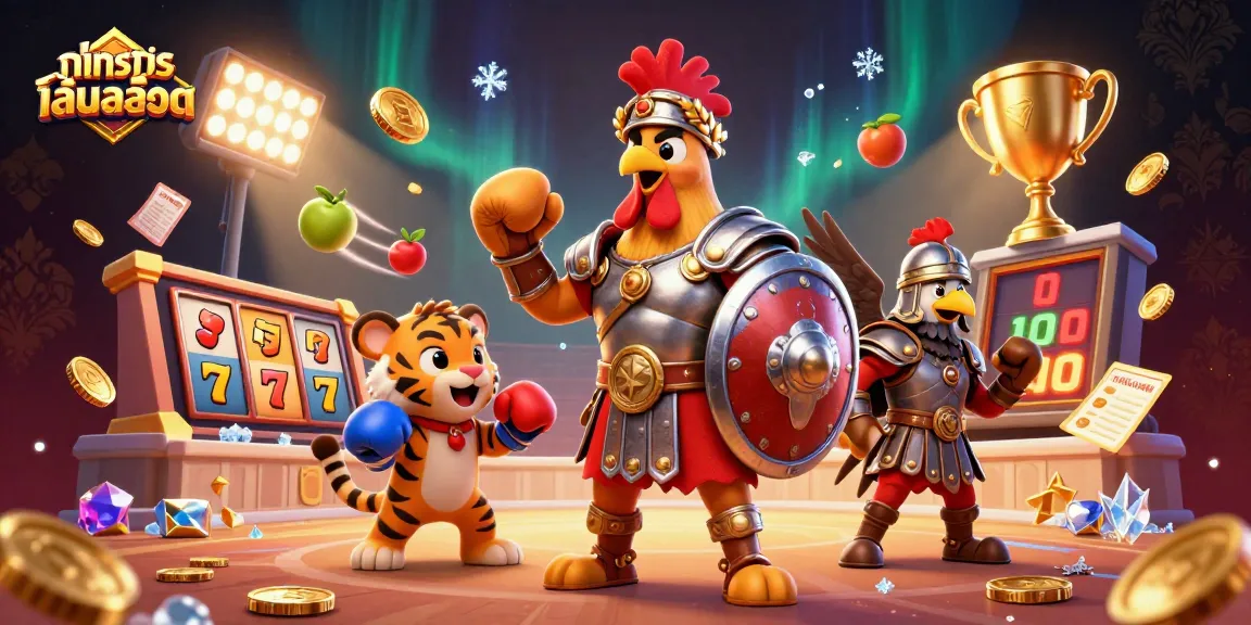 Try your luck with ทดลองเล่นสล็อต at this vibrant 3D casino scene filled with slot reels and golden coins.