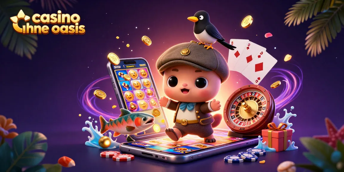 Cute Nessie and magpie celebrating casino ohne oasis with vibrant slots and poker elements.