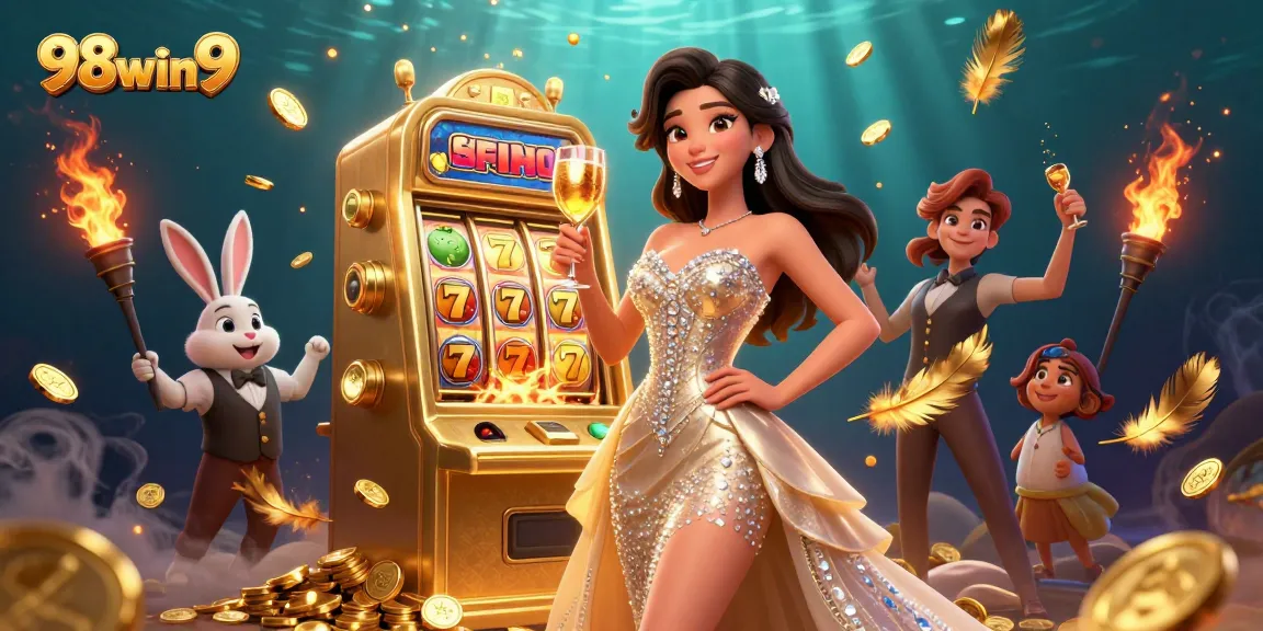 Experience thrilling jackpots at 98win9 with a stunning woman celebrating beside a golden slot machine.