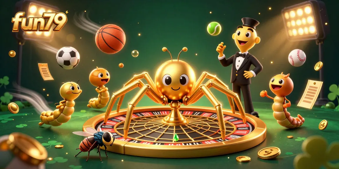 Experience fun79’s thrilling betting atmosphere with a 3D spider and centipede croupier in a colorful casino scene.