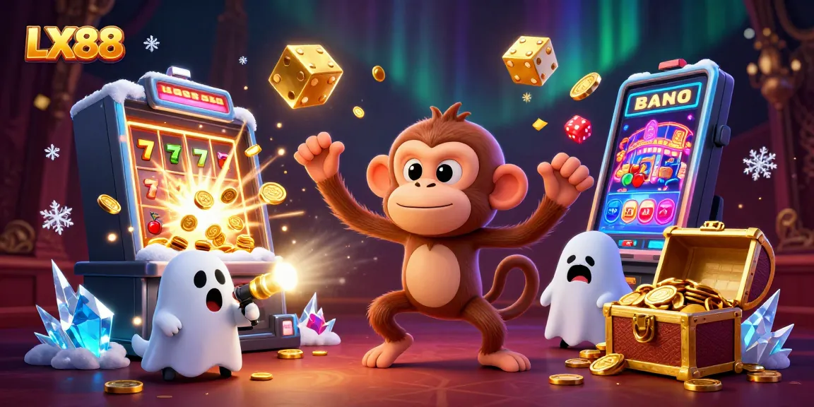 Play and win at LX88 with a magical scene of a mischievous poltergeist monkey and a curious puppy in a vibrant casino.