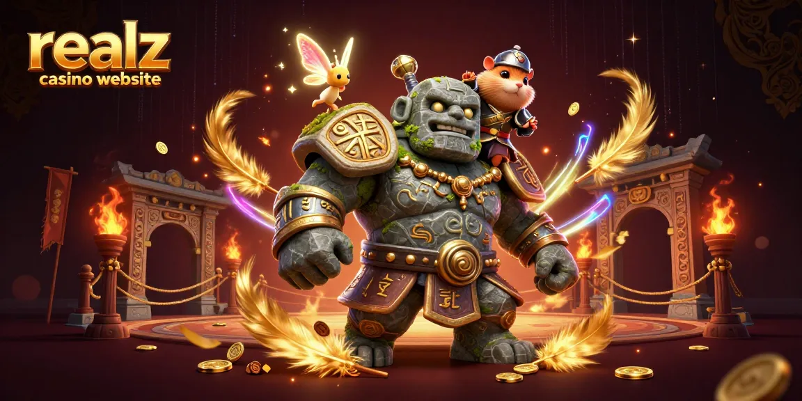 Realz Casino-Website: Eine märchenhafte Illustration mit einem lebendigen Golem und magischen Elementen, die Glücksspiel repräsentieren.