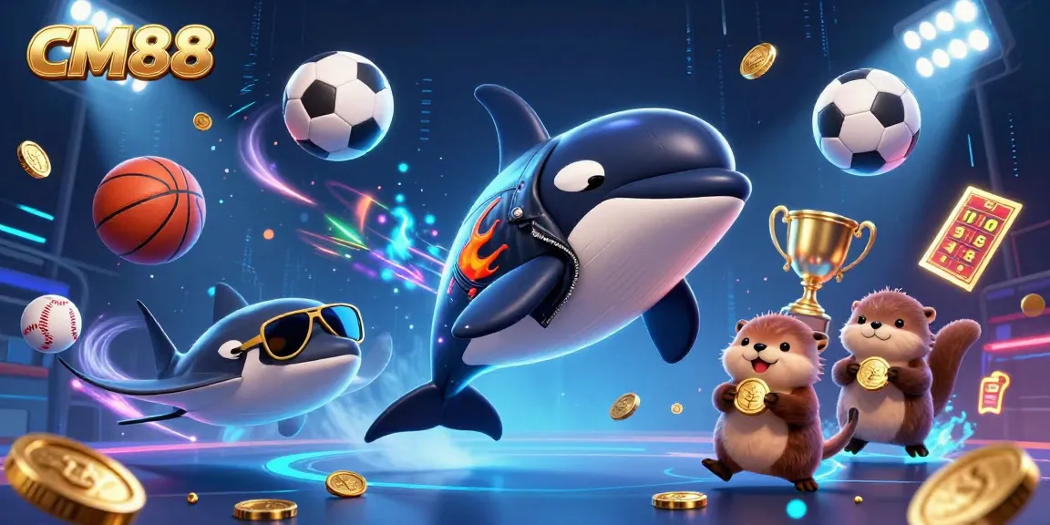 Join the excitement of CM88 while winning golden coins in this vibrant casino scene featuring playful characters.