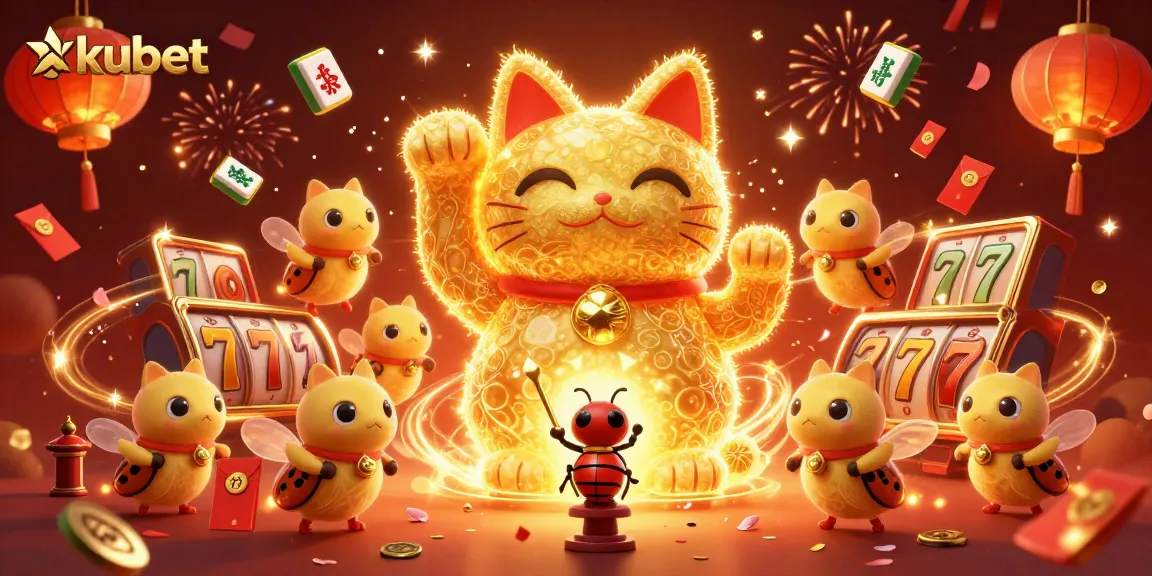 Engage in exciting casino gaming with kubet's vibrant illustration featuring a lucky cat and dynamic elements.