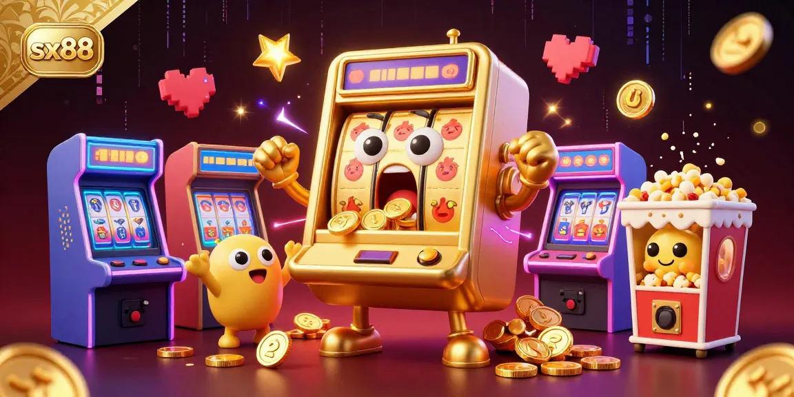 SX88 casino experience portrayed with playful slot machines and vibrant arcade elements, celebrating wins.