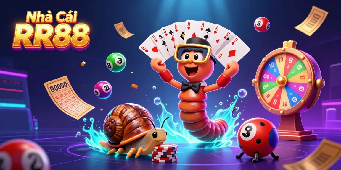 Experience the excitement at Nhà Cái RR88 with vibrant games and dynamic elements in this 3D digital illustration.